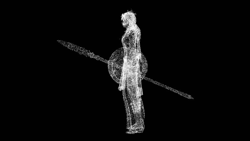 3D Amazon Warrior Woman rotates on black bg. Historic concept. A strong woman, a symbol of feminism. For title, text, presentation. Shimmering particles. 3D animation 60 FPS