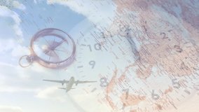 Animation of clock ticking over plane and map. Global travel, geography, business, finances, computing and data processing concept digitally generated video.