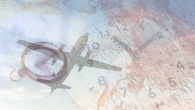 Animation of clock ticking over plane and map. Global travel, geography, business, finances, computing and data processing concept digitally generated video.