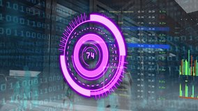 Animation of neon purple round scanner and data processing against computer server room. Computer interface and business data storage technology concept - Powered by Shutterstock - Get 15% off with code: PIKWIZARD15