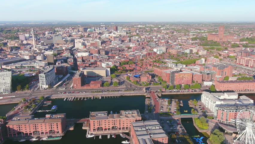 Liverpool, UK: Aerial view of city and seaport in England, famous Royal Albert Dock Liverpool - landscape panorama of United Kingdom from above