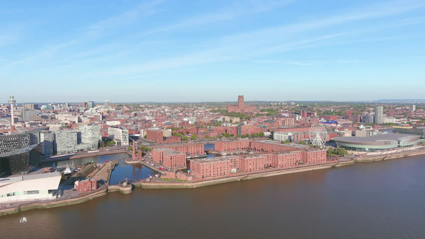 Liverpool, UK: Aerial view of city and seaport in England, famous Royal Albert Dock Liverpool - landscape panorama of United Kingdom from above