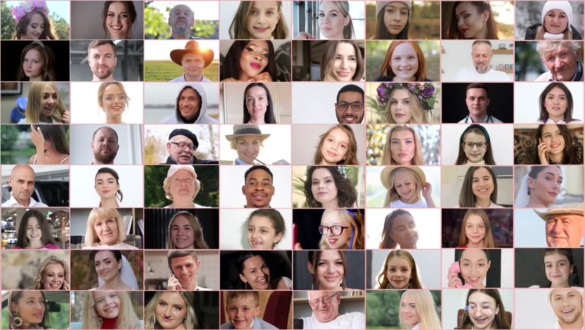 Portraits of men and women looking at the camera. Video Collage of many people