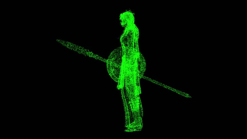 3D Amazon Warrior Woman rotates on black bg. Historic concept. A strong woman, a symbol of feminism. For title, text, presentation. Shimmering particles. 3D animation 60 FPS