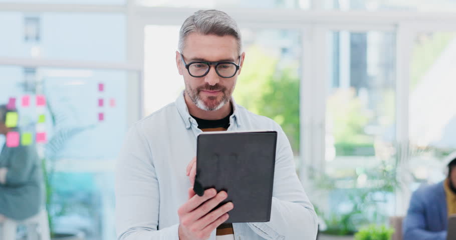 Tablet, business man and thinking with startup web design and internet search for digital planning. Male person, online page designer and idea for vision and leadership management with technology