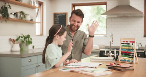 High five, kitchen and father doing homework with his child for mathematics studying with abacus. Celebrate, success and girl kid working on school education project with her dad in their family home Stockvideó