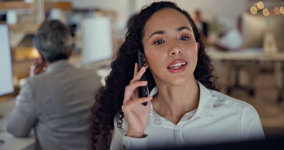 Phone call, night and business woman on computer for advice, technical support and software solution. Virtual communication, networking and african person talking, speaking or chat for online helping Royalty-Free Stock Footage #1105934395