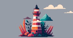 Flat design animation of lighthouse with cloud sky and mountains in the back.
