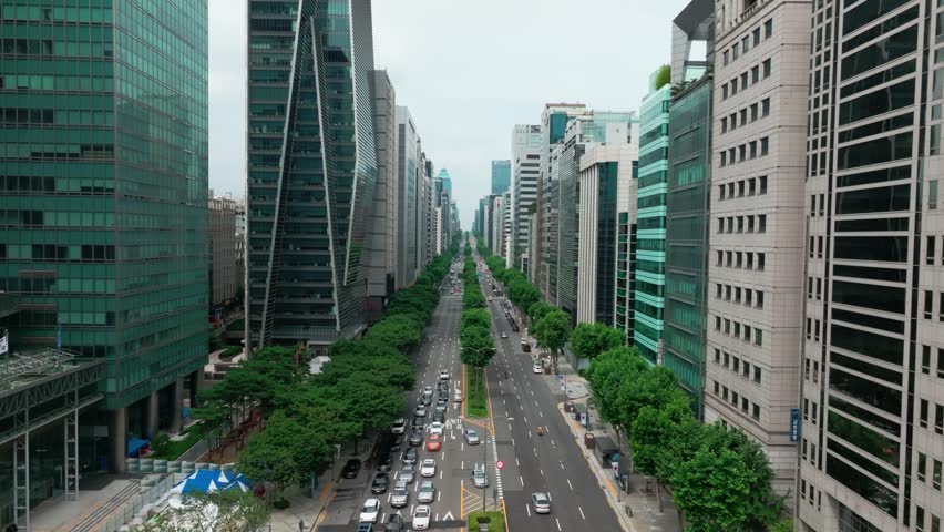 Drone View of Seoul city in South Korea, Gangnam road 60fps Royalty-Free Stock Footage #1105935361