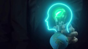 Businessman showing virtual leaf icon inside light bulb. Net zero greenhouse gas emissions target. Climate neutral long term strategy. Ecological, renewable energy and save environment concept - Powered by Shutterstock - Get 15% off with code: PIKWIZARD15