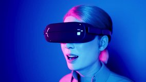 technology, online game, entertainment, virtual world in 3D simulation. millennial woman in vr glasses plays in the neon studio, 3d render