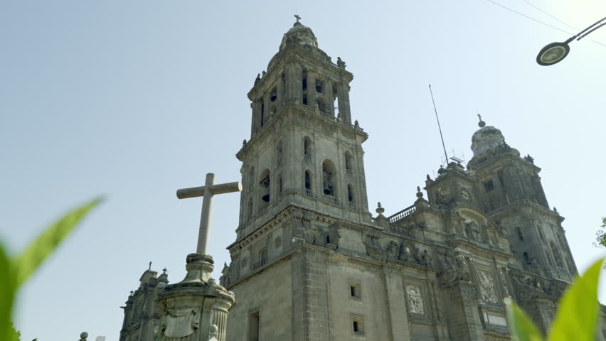 Mexico City Metropolitan Cathedral and atrial crosses with Aztec skulls in its base.