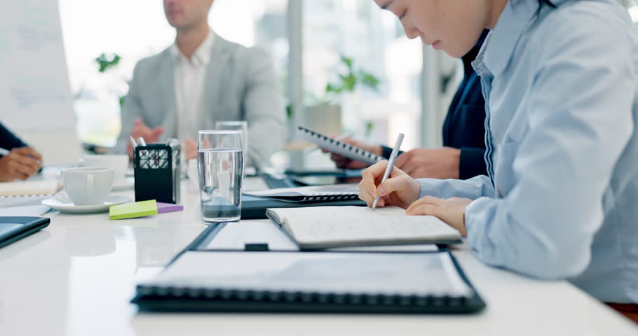 Writing, planning and strategy with business people in meeting for teamwork, project management and idea. Collaboration, brainstorming and report with employees in office for documents and solution