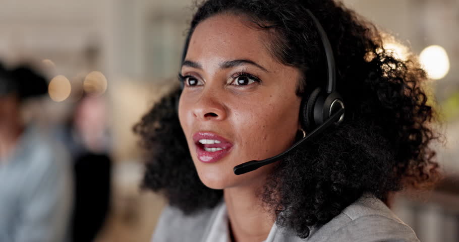 Call center, support and headset with an african woman consultant talking on a call for help or assistance. Customer service, lead generation or insurance with a female employee working in sales Royalty-Free Stock Footage #1105951621