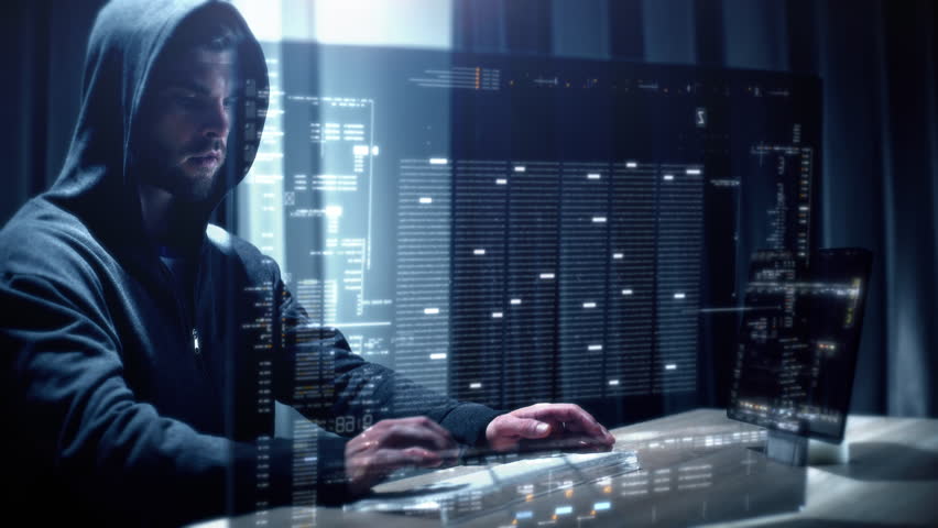 Futuristic cyber hacker operating under the guise of Anonymous, employs advanced algorithms to infiltrate cybersecurity systems and exploit vulnerabilities in password security. Concept : Cyber Hacker Royalty-Free Stock Footage #1105954597