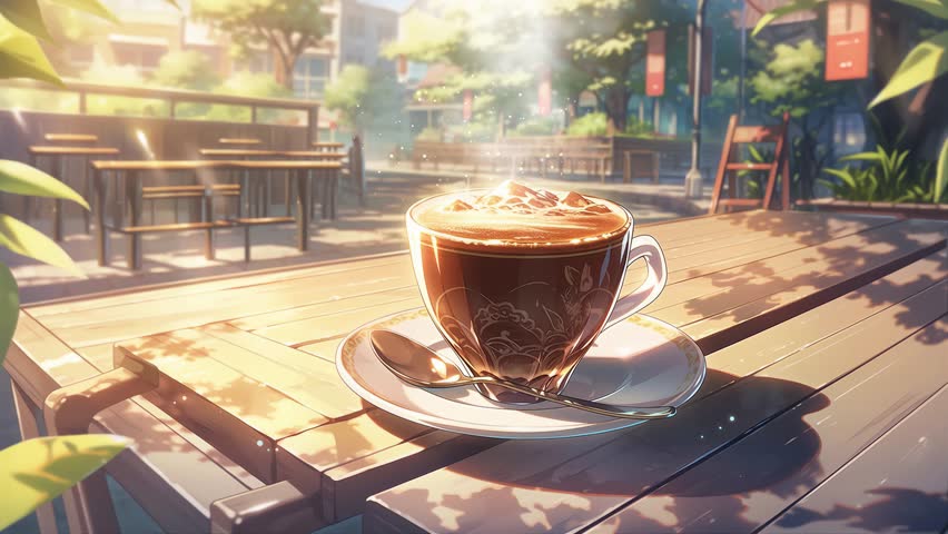 A cup of coffee on a wooden table under a tree, in a summer cafe setting, anime background, loop animation Royalty-Free Stock Footage #1105954905