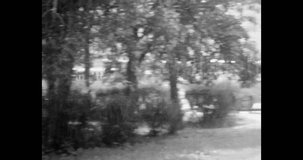 City park in urban center. People walking in summer park. Travel by town nature. City life in town park background. Archival vintage black white film. Archive video. Old retro 1980s Moscow, Russia