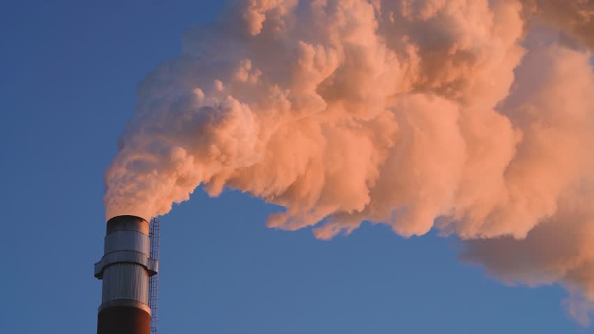 Hot Glowing colorful Smoke Plume sunlit while emitting Greenhouse gas into atmosphere during late evening from Paper mill Industry at Pitea Sweden.