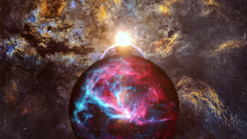 Abstract Alien planet at The Cygnus nebula galaxy space flight exploration on deep space background. 4K 3D Flight Into The Cygnus Nebula. Flight Through Space With star field, Galaxy and Nebulae. 