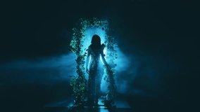 dark silhouette fantasy woman witch dancing in black night garden fog arch flowers nature, art neon blue magic light. Mystery forest nymph. lady dancer Gothic Girl vampire in smoke back rear view. 4k - Powered by Shutterstock - Get 15% off with code: PIKWIZARD15