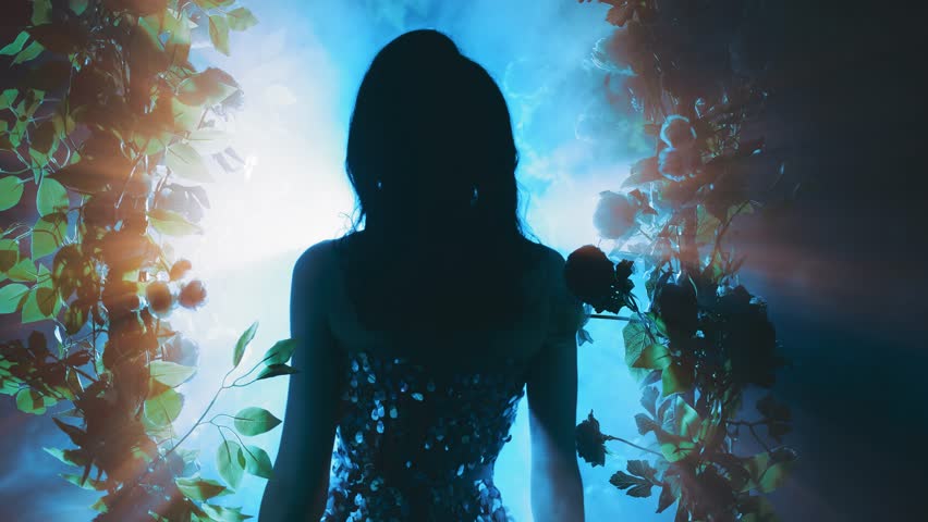 dark silhouette fantasy woman goes to bright magical divine blue moon light ray in black night garden glow, fog portal arch flowers. Mystery lady Gothic Girl princess in smoke rear view, looks back Royalty-Free Stock Footage #1105961985