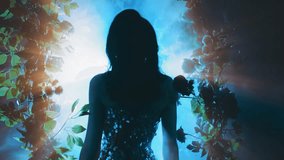 dark silhouette fantasy woman goes to bright magical divine blue moon light ray in black night garden glow, fog portal arch flowers. Mystery lady Gothic Girl princess in smoke rear view, looks back