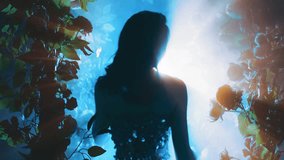 dark silhouette fantasy woman goes to bright magical divine blue moon light ray in black night garden glow, fog portal arch flowers. Mystery lady Gothic Girl princess in smoke rear view, looks back - Powered by Shutterstock - Get 15% off with code: PIKWIZARD15
