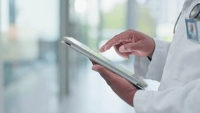 Tablet, hands and doctor typing digital prescription on email online, internet or web in a hospital for medical healthcare. Professional, closeup and person research medicine app or search a website - Powered by Shutterstock - Get 15% off with code: PIKWIZARD15