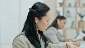 Business woman, meeting and lawyer notes for data analysis in a office. Conference room, Asian female person and professional reading a law review and attorney report with staff for a project - Powered by Shutterstock - Get 15% off with code: PIKWIZARD15