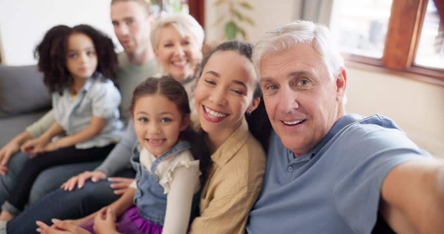 Selfie, family and generations, happy and love, grandparents with parents and children at home. Care, support and smile in picture, women and men with girl kids in portrait, interracial and memory Royalty-Free Stock Footage #1105965667
