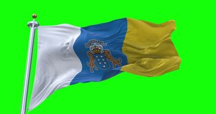 Canary Islands flag realistic waving in the wind 4K video, for Independence Day or Anthem etc, green screen background chroma key (Perfect Loop)