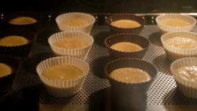 Time lapse footage of cooking cupcakes Timelapse of homemade cake Baking concept Delicious cupcakes rising up in oven Close-up 4K