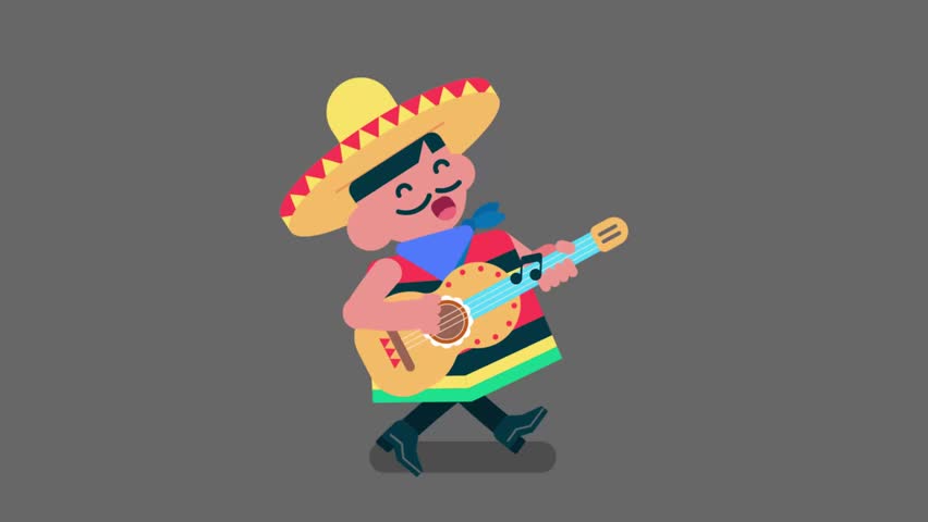 Happy mexican musician play guitar and sing traditional songs, kind mexican boy walking with long mustache, Flat avatar video 4k Royalty-Free Stock Footage #1105973337