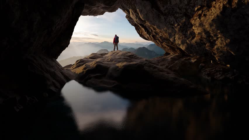 Adventurous Man Standing in cave on top of Mountain. Extreme Adventure Composite. 3d Rendering Peak. Background Aerial Image from BC, Canada Royalty-Free Stock Footage #1105974823
