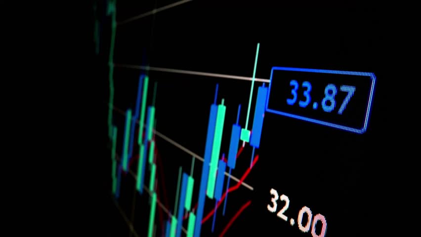 Closeup macro shot movement of stock graph displayed on LED screen showing growth chart as economic boom or bull market point concept. Positive stock market exchange suitable for financial investment. Royalty-Free Stock Footage #1105975917
