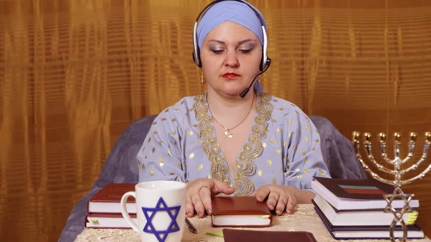 A Jewish woman in a Kisui Rosh headdress, a teacher of tradition, conducts lectures for women in a seminary with an online broadcast. Overall plan.