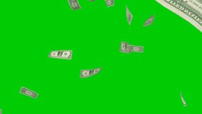 Animation of dollar bills falling on green screen or Chroma key, concept of business success, inflation, rich, millionaire, lottery and abundance. Money rain 3D background in 4k.