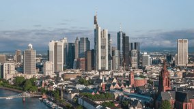Establishing Aerial View Shot of Frankfurt am Main De, financial capital of Europe, Hesse, Germany, city center, skyscrapers, day, fantastic light, track in push in