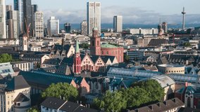 Establishing Aerial View Shot of Frankfurt am Main De, financial capital of Europe, Hesse, Germany, old town, day, Romer, circling left and rising