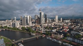 Establishing Aerial View Shot of Frankfurt am Main De, financial capital of Europe, Hesse, Germany, city center, skyscrapers, day, fantastic light, track in from far
