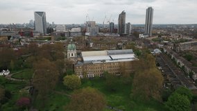 Establishing Aerial View Shot of London UK, United Kingdom, overcast, typical day