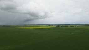 Aerial clip moving forward over an extensive prairie landscape of wheat and canola fields under a stormy sky with rain falling in the distance.
