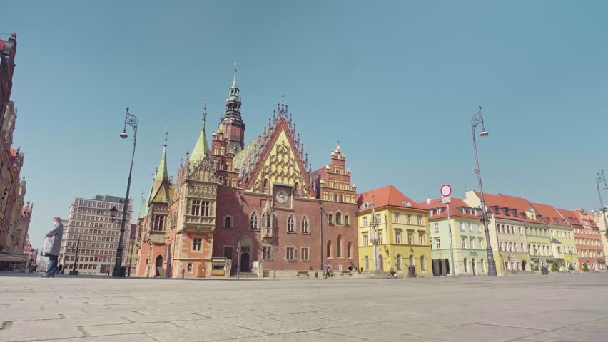 The Market Square in Wroclaw, Poland. Historical city center, Landmark, Architecture, Urban landscape, Cultural heritage, 4K footage, gimbal shots, Cinematic footage, Panoramic view, Town hall