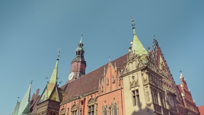 The Market Square in Wroclaw, Poland. Historical city center, Landmark, Architecture, Urban landscape, Cultural heritage, 4K footage, gimbal shots, Cinematic footage, Panoramic view, Town hall