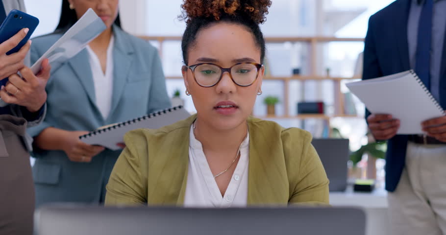 Multitask, stress and business woman on a phone call with paperwork, documents and report in office. Corporate chaos, busy team and overwhelmed female person with anxiety, crisis and deadline problem Royalty-Free Stock Footage #1105986875