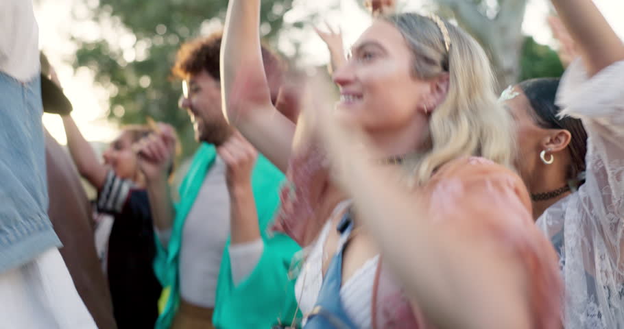 Dance, festival and party with woman at concert for celebration, crowd and energy in nature. Freedom, community and music with people dancing in audience for gen z, social event and friends