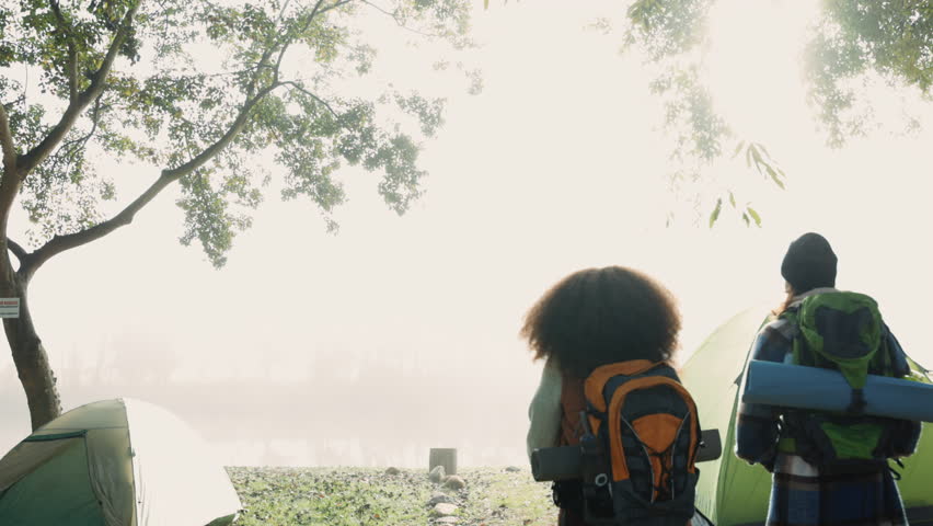 Friends, back and hiking in nature, camp and silhouette in mist for adventure, holiday and journey together. Women, backpack and walk in forrest for camping, outdoor vacation and trekking in morning