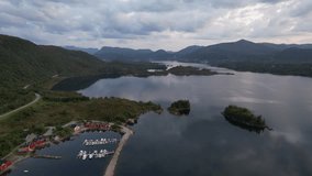 Aerial video of a lake at late sunset in Norway
