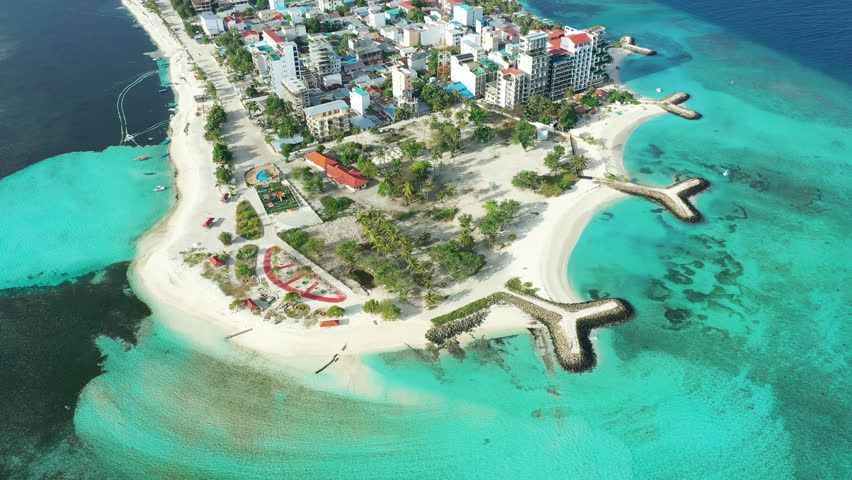 Drone shot of Maafushi island. Maldives on sunny day