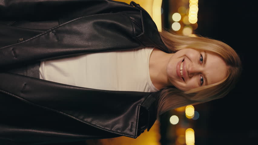 Vertical Video. Succesful Smiling Young Tourist Woman Looking at Camera Standing Outside. Positive Attractive Blonde Lady Posing Outdoors. People Concept